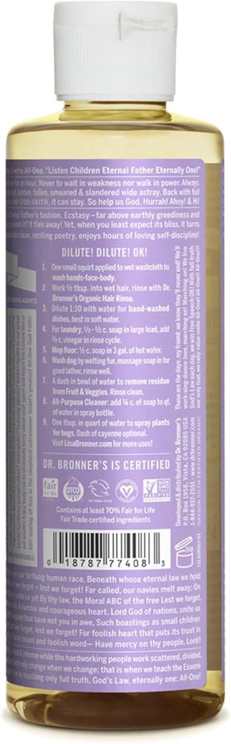 Dr. Bronner'S - Pure-Castile Liquid Soap (Lavender, 8 Ounce) - Made With Organic Oils, 18-In-1 Uses: Face, Body, Hair, Laundry, Pets And Dishes, Concentrated, Vegan, Non-Gmo