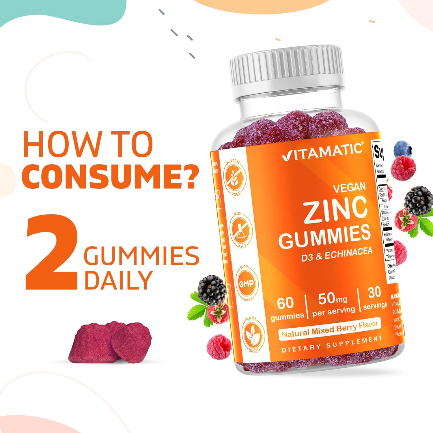 2 Pack - Vitamatic Zinc 50mg Gummies - 60 Vegan Gummies - Gluten Free - Healthy Immune Support for Adults, Men, Women : Health & Household