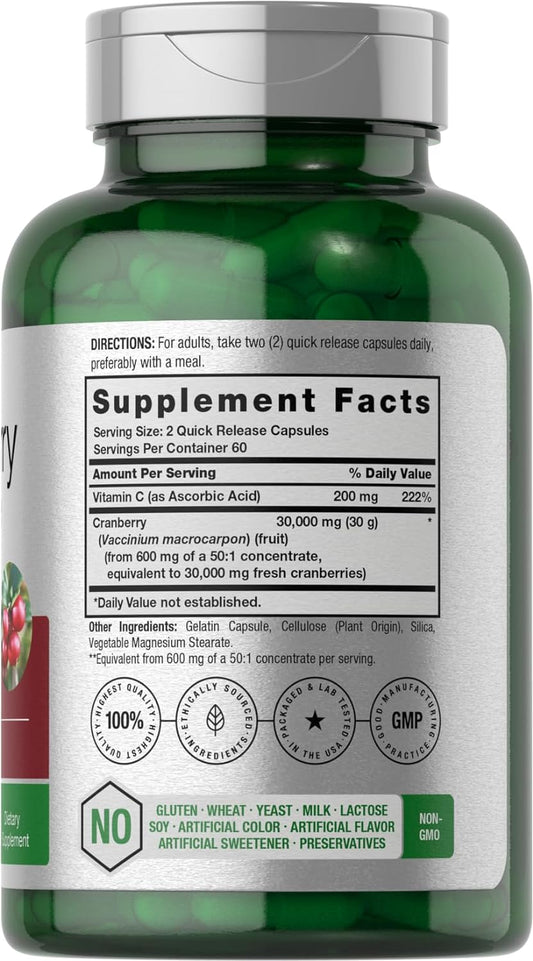 Horbach Cranberry Concentrate Extract Pills + Vitamin C | 30,000mg | 120 Capsules | Triple Strength Ultimate Potency Formula | Non-GMO and Gluten Free Supplement