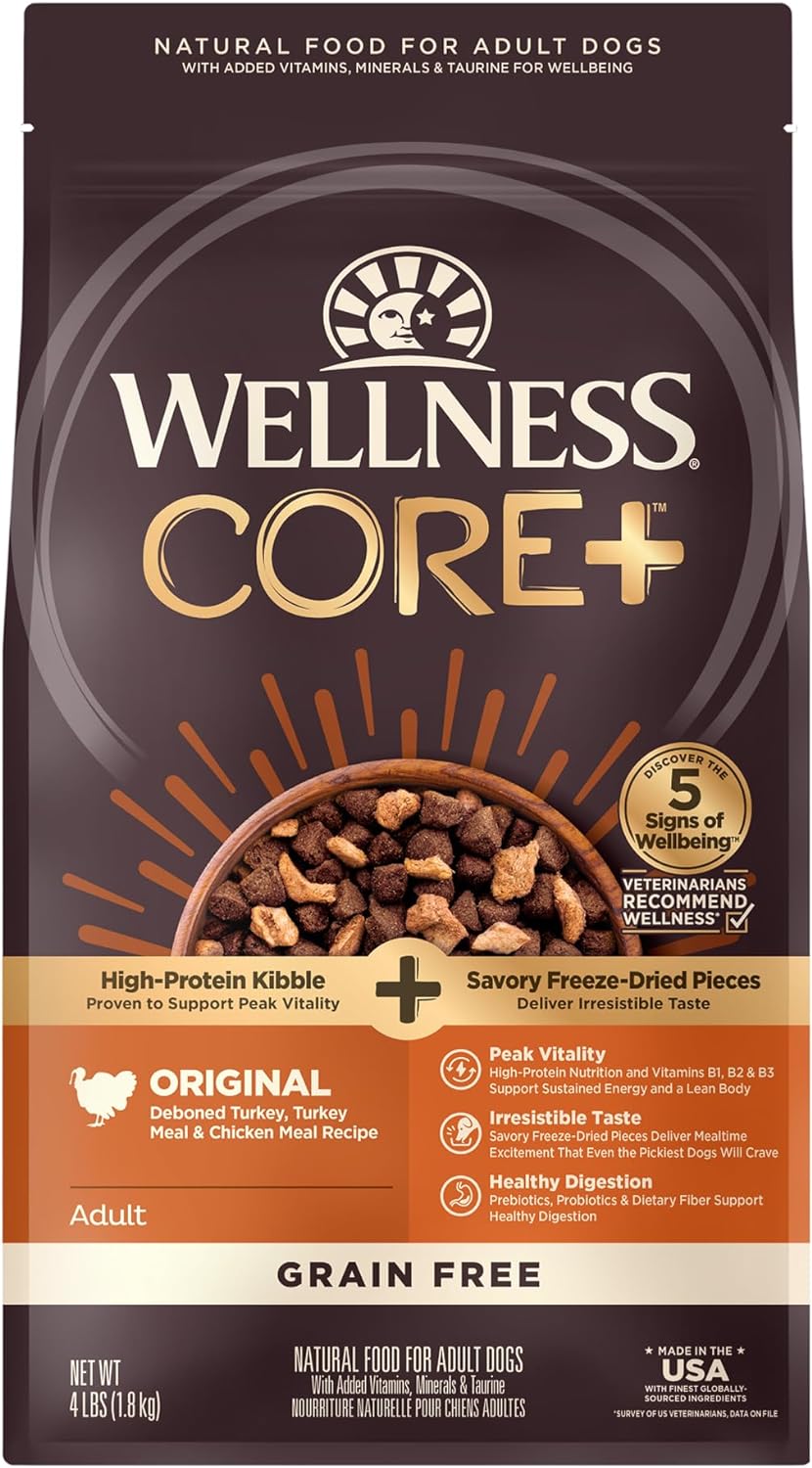 Wellness CORE RawRev Grain-Free Dry Dog Food, Natural Ingredients, Made In USA With Real Freeze-Dried Meat (Adult, Turkey, 4 lbs)
