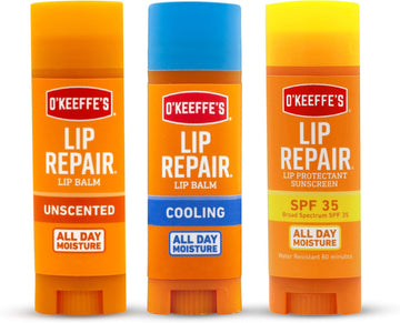 O'Keeffe'S Lip Repair Lip Balm For Dry, Cracked Lips, Stick, (Pack Of 3: 1 Cooling + 1 Unscented + 1 Spf)