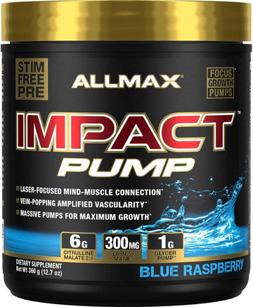 Allmax Impact Pump, Blue Raspberry - 360 G - Stim-Free Pre-Workout Formula - Boosts Pumps & Mind-Muscle Connection - With Citrulline Malate & Lion’S Mane - Up To 30 Servings