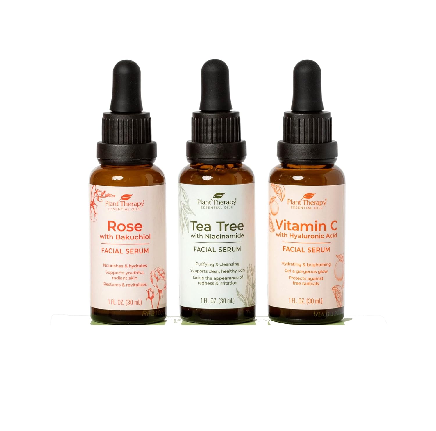 Plant Therapy Facial Serum Trio Set 1 oz each, Vitamin C & Hyaluronic Acid, Rose with Bakuchiol & Tea Tree with Niacinamide, Reduces the Appearance of Fine Lines & Wrinkles