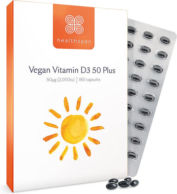 Healthspan Vegan Vitamin D3 50 Plus | 180 Capsules | 50 Micrograms Of Vitamin D | Healthy Muscle, Bones & Teeth | Immune Support