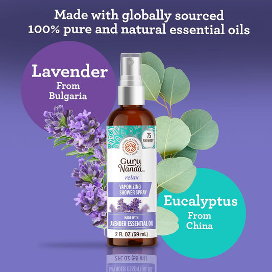 Gurunanda Relax Vaporizing Shower Spray, Natural Spa Mist & Room Spray With Lavender & Eucalyptus To Help With Stress Relief & Congestion Aid, 2 Fl Oz