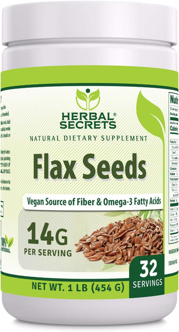 Herbal Secrets Organic Whole Flax Seeds Supplement | 454 G | 14 G Per Serving | Raw Vegan | Non-Gmo | Gluten-Free | Made In Usa