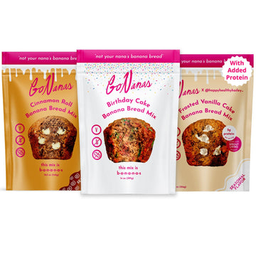 GoNanas Banana Bread Mix - Bundle of 3 Flavors. Vegan, Gluten Free Healthy Snacks. Oat Flour Banana Bread or Banana Muffin Mix. Women Owned, US Ingredients, Dairy Free, Nut Free, Delicious Snacks