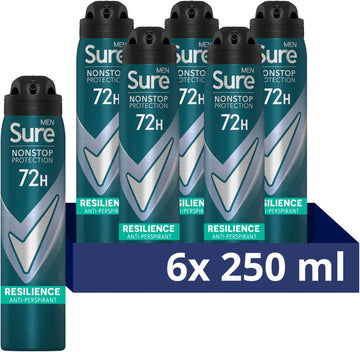 Sure Men Nonstop Protection Resilience Anti-Perspirant Aerosol Men'S Deodorant Spray With Body Heat Activated Technology For 72 Hour Protection Against Odour And Sweat 6X 250 Ml