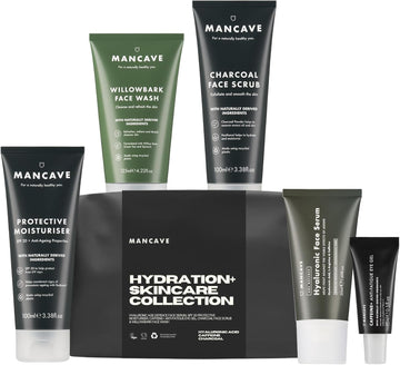 Mancave Hydration+ Skincare Collection Gift Set, Spf 20 Protective Moisturiser, Face Wash, Face Scrub, Hyaluronic Face Serum, Anti-Fatigue Eye Gel, Dermatologically Tested, Natural Formulations, Vegan