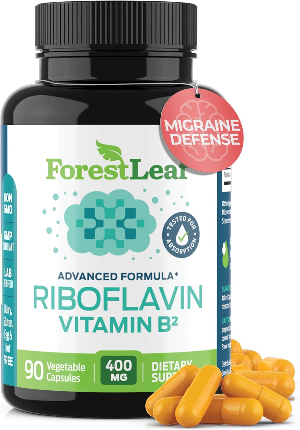 Forestleaf Vitamin B2 Riboflavin 400Mg - Energy, Skin & Cellular Health Supplement - Nervous System Support - Vitamin B 2 Vit B - Non-Gmo & Gluten Free - B2 Vitamin 400Mg Vegetable Capsules, 90 Count