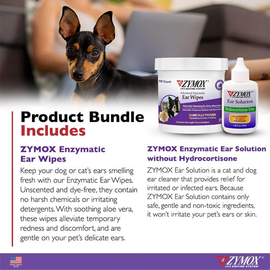 Zymox Enzymatic Ear Wipes And Ear Solution W/No Hydrocortisone For Dogs And Cats - Product Bundle - For Dirty, Waxy, Smelly Ears And To Soothe Ear Infections