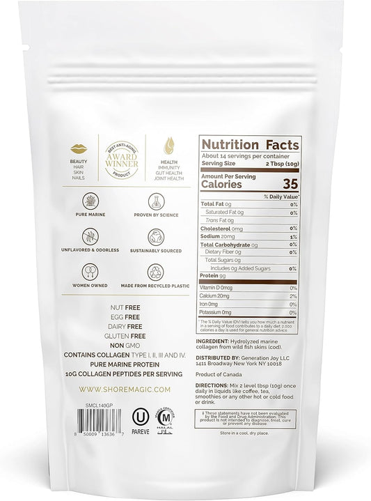 Premium Marine Collagen Powder With Type I Ii Iii And Iv, Hydrolyzed Peptides For Women And Men, Sourced From Wild Fish, Certified Halal And Kosher, Unflavored, Sustainable 4.93 Oz Pouch