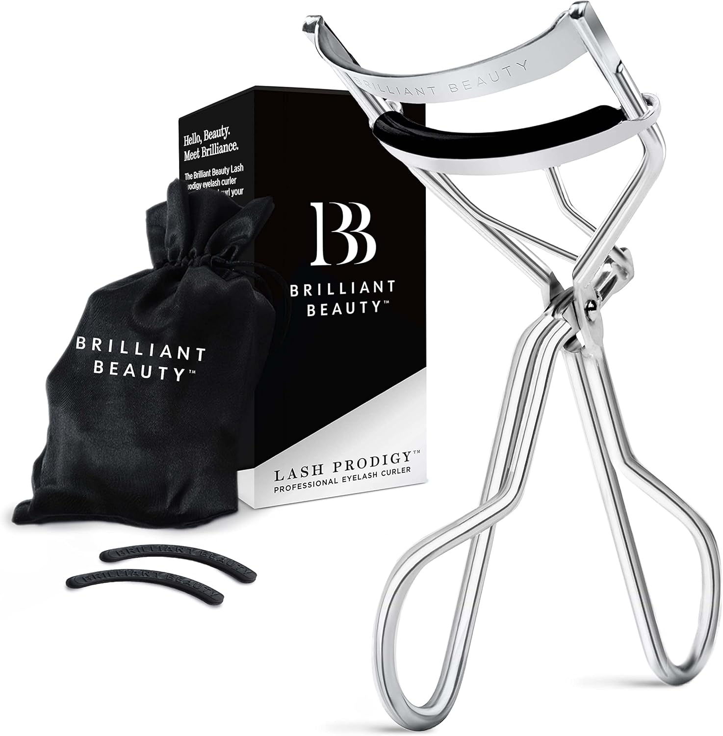 Brilliant Beauty Eyelash Curler With Satin Bag And Refill Pads - Award Winning - No Pinching, Just Dramatically Curled Eyelashes And Lash Line In Seconds - Get Gorgeous Eye Lashes Now (Platinum)