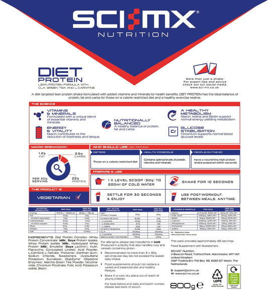 Sci-Mx Diet Whey Protein Powder - Protein Shake + Vitamins & Green Tea, Cla & L-Carnitine - Vanilla • Low Sugar • 111 Calories Per Serving • 800G