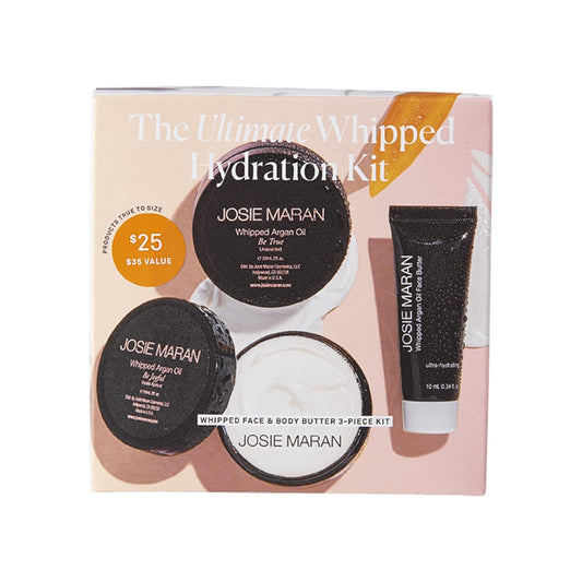 Josie Maran The Ultimate Whipped Hydration Kit - Whipped Argan Oil Body Butter & Whipped Argan Oil Face Butter - Hydrating Skincare Set for Soft, Smooth Skin - Face & Bodycare Set (3-Piece Kit)