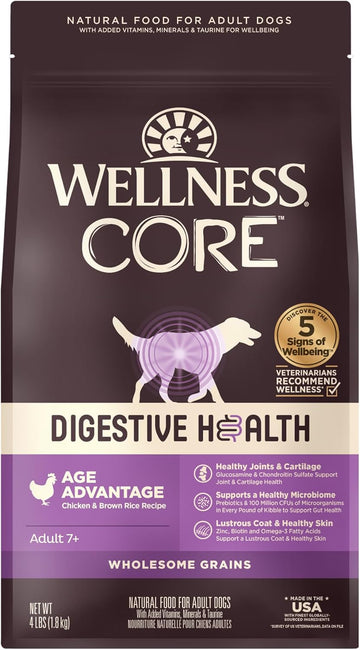 Wellness Core Digestive Health Dry Senior Food With Wholesome Grains, Advanced Age For Dogs Over 7-Years Old, For Dogs With Sensitive Stomachs, Made In Usa With Real Chicken (Senior, 4 Pound Bag)