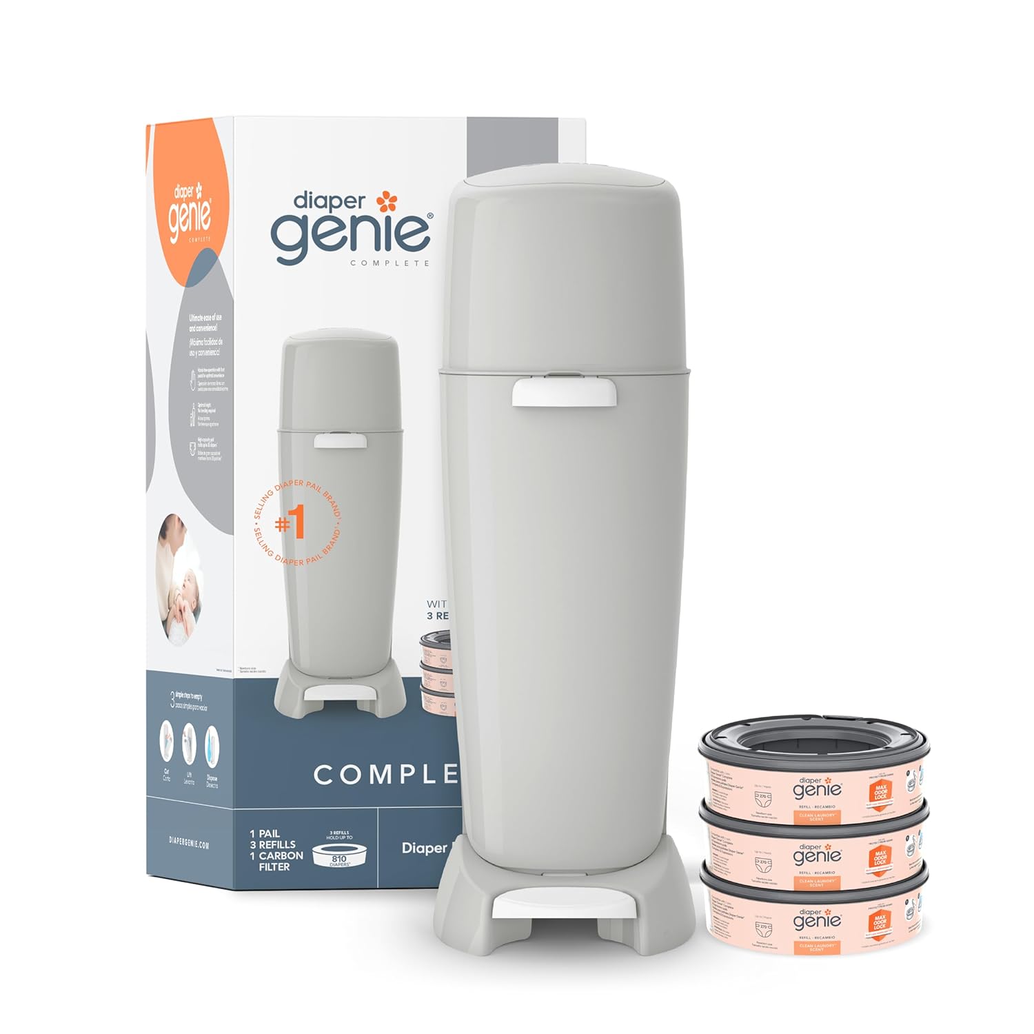 Diaper Genie Complete Diaper Pail (Grey) With Odor Control | Includes 1 Diaper Trash Can, 3 Refill Bags, 1 Carbon Filter, 4 Piece Set