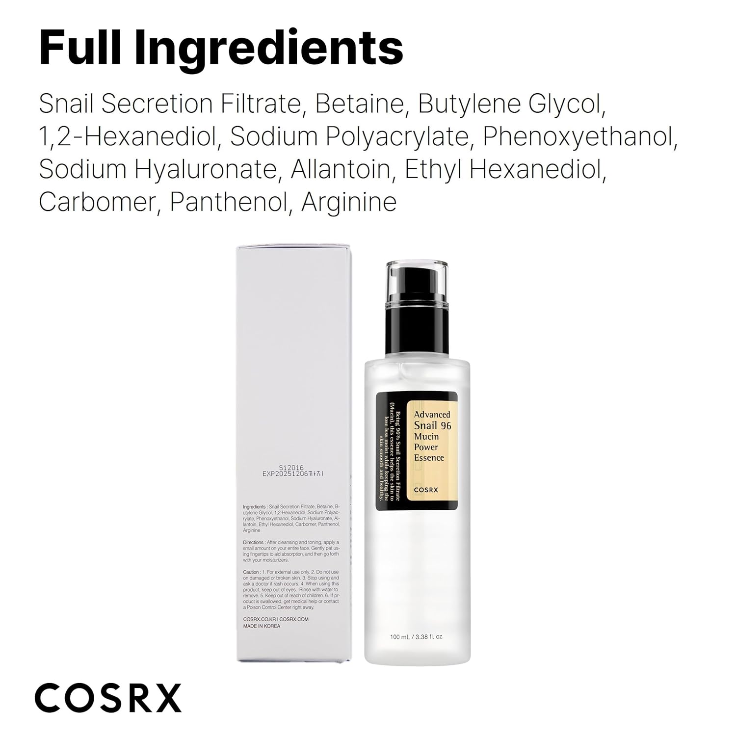 Cosrx Snail Mucin 96% Power Repairing Essence 3.38 Fl.Oz 100Ml, Hydrating Serum For Face With Snail Secretion Filtrate For Dull Skin & Fine Lines, Korean Skin Care