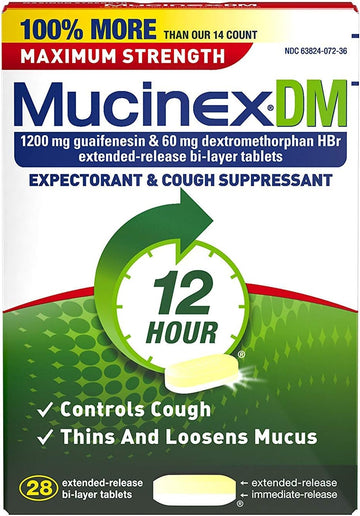 Mucinex Dm Maximum Strength 12-Hour Expectorant And Cough Suppressant Tablets, 28 Count