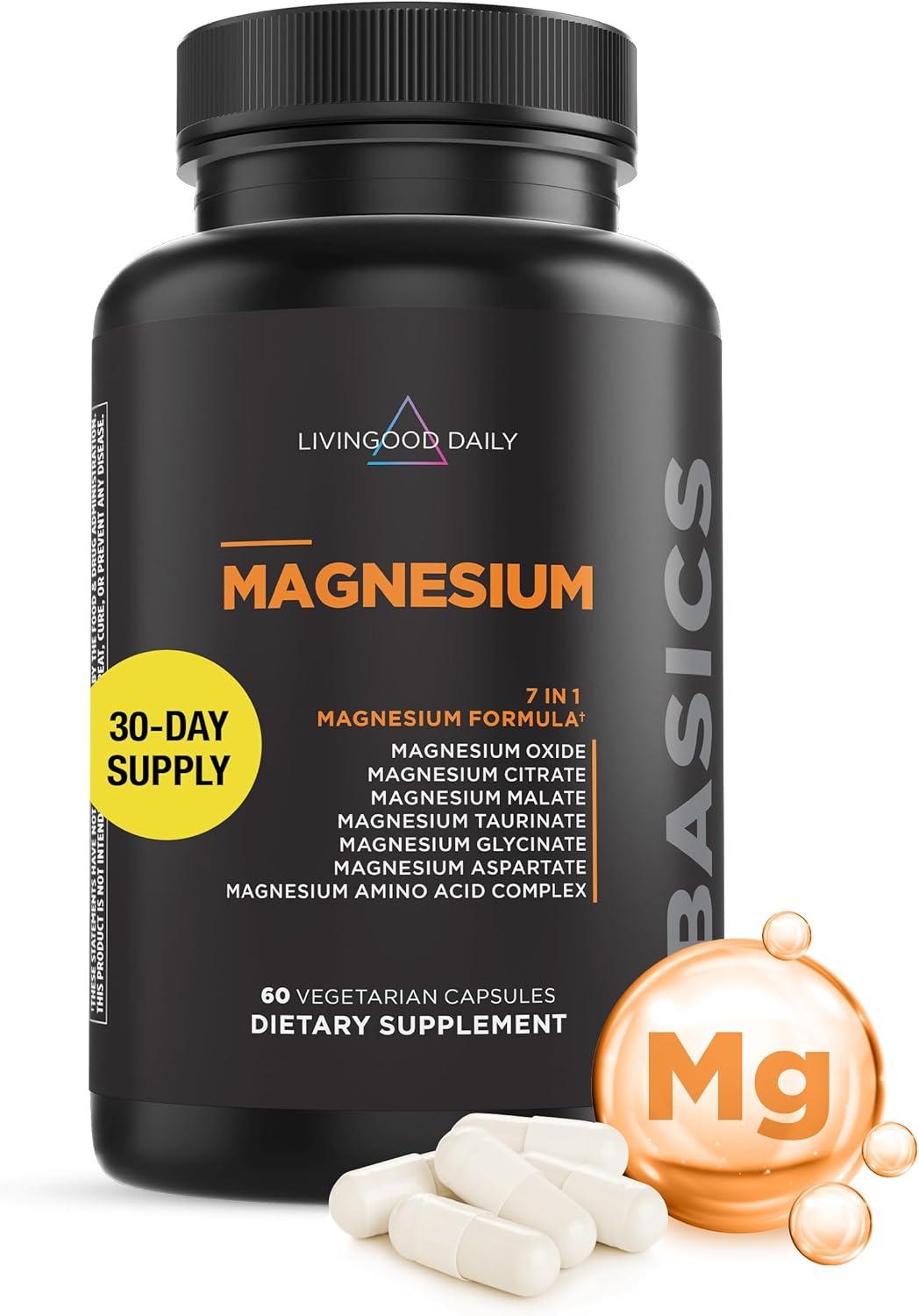 Livingood Daily Magnesium Supplement 300mg, 60 Vegetarian Capsules - Magnesium Complex for Women & Men - Magnesium Citrate, Malate, & Bisglycinate Support Heart & Gut Health - Non-GMO, Vegan