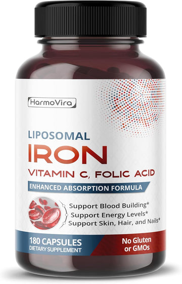 Liposomal Iron With Vitamin C, Folic Acid, B12, B6, B1 – Support Energy & Red Blood Cell Formation – Gentle Formula – 180 Capsules – Non-Gmo, Gluten-Free – Made In Usa