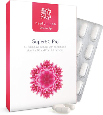 Healthspan Super50 Probiotic | Gut Health | with Vitamin D3 | 50 Billion Live Probiotic Cultures | Vitamin B6 | Calcium | Vegetarian (60 Capsules)