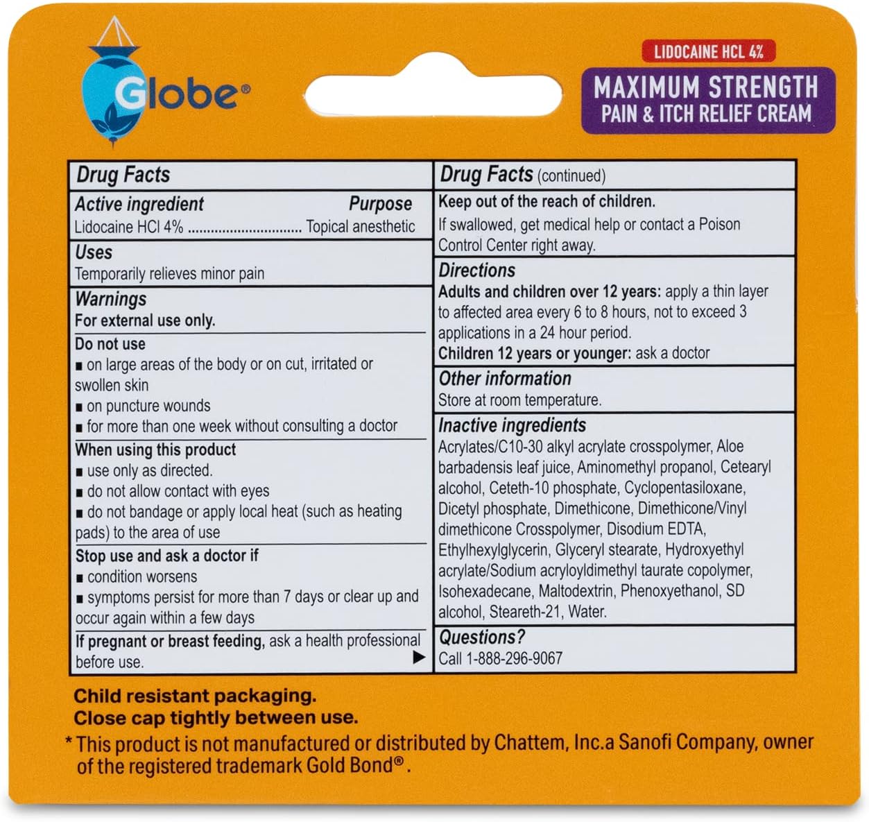 Globe Lidocaine 4% Multi-Symptom Relief Cream 1.75 oz, Numbs Away Pain & Itch, Steroid Free Non-Greasy Formula (Compare to Gold Bond w/Lidocaine) : Health & Household