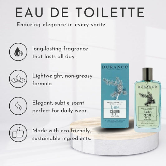 Durance L'Ome Eau De Toilette For Men, 100Ml - Blue Cedar Fragrance For Men - Woody, Fresh, Spicy Scent Infused - Men'S Aftershave Perfume