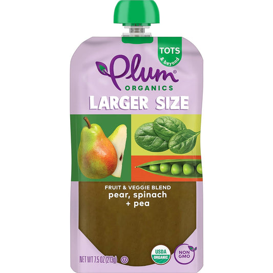 Plum Organics Tots & Beyond Organic Toddler Food - Pear and Pea - 7.5 oz Pouch (Pack of 6) - Organic Fruit and Vegetable Toddler Food Pouch