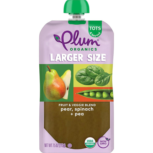 Plum Organics Tots & Beyond Pear Spinach & Pea Fruit & Veggie Blend, Kosher, Usda Certified Organic, Non-Gmo, 7.5 Ounce (Pack Of 6)