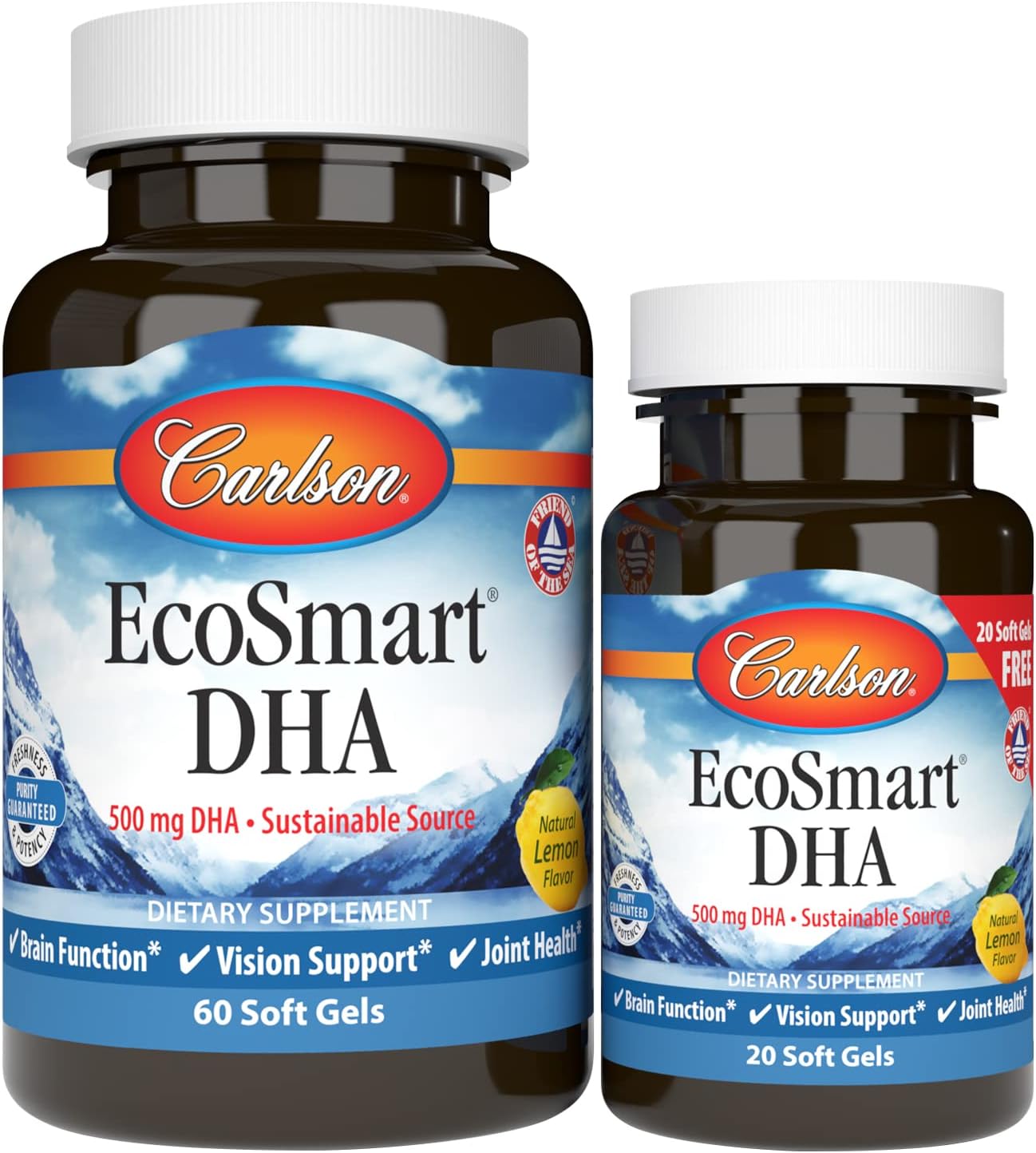 Carlson - EcoSmart DHA, 500 mg DHA, Sustainable Source, Healthy Vision & Brain Function, Lemon, 60+20 Softgels