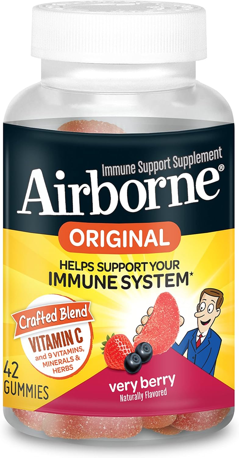 Vitamin C 750Mg (Per Serving) - Airborne Very Berry Flavored Gummies (21 Count In A Bottle), Gluten-Free Immune Support Supplement With Vitamins A C E, Selenium, Echinacea, Ginger, Antioxidants