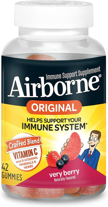 Vitamin C 750Mg (Per Serving) - Airborne Very Berry Flavored Gummies (21 Count In A Bottle), Gluten-Free Immune Support Supplement With Vitamins A C E, Selenium, Echinacea, Ginger, Antioxidants