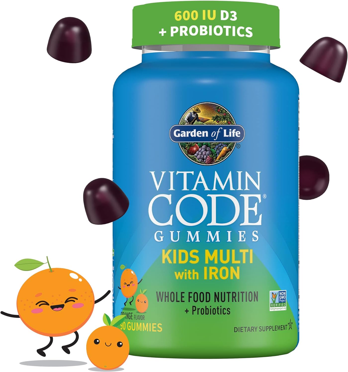 Garden Of Life Kids Multivitamin Gummy With Iron+Probiotics For Immune Health & Digestion:Vitamins D, C, E, B, Zinc For Energy&Development,Vitamin Code,Non-Gmo,Gluten-Free, Orange,30 Day Supply