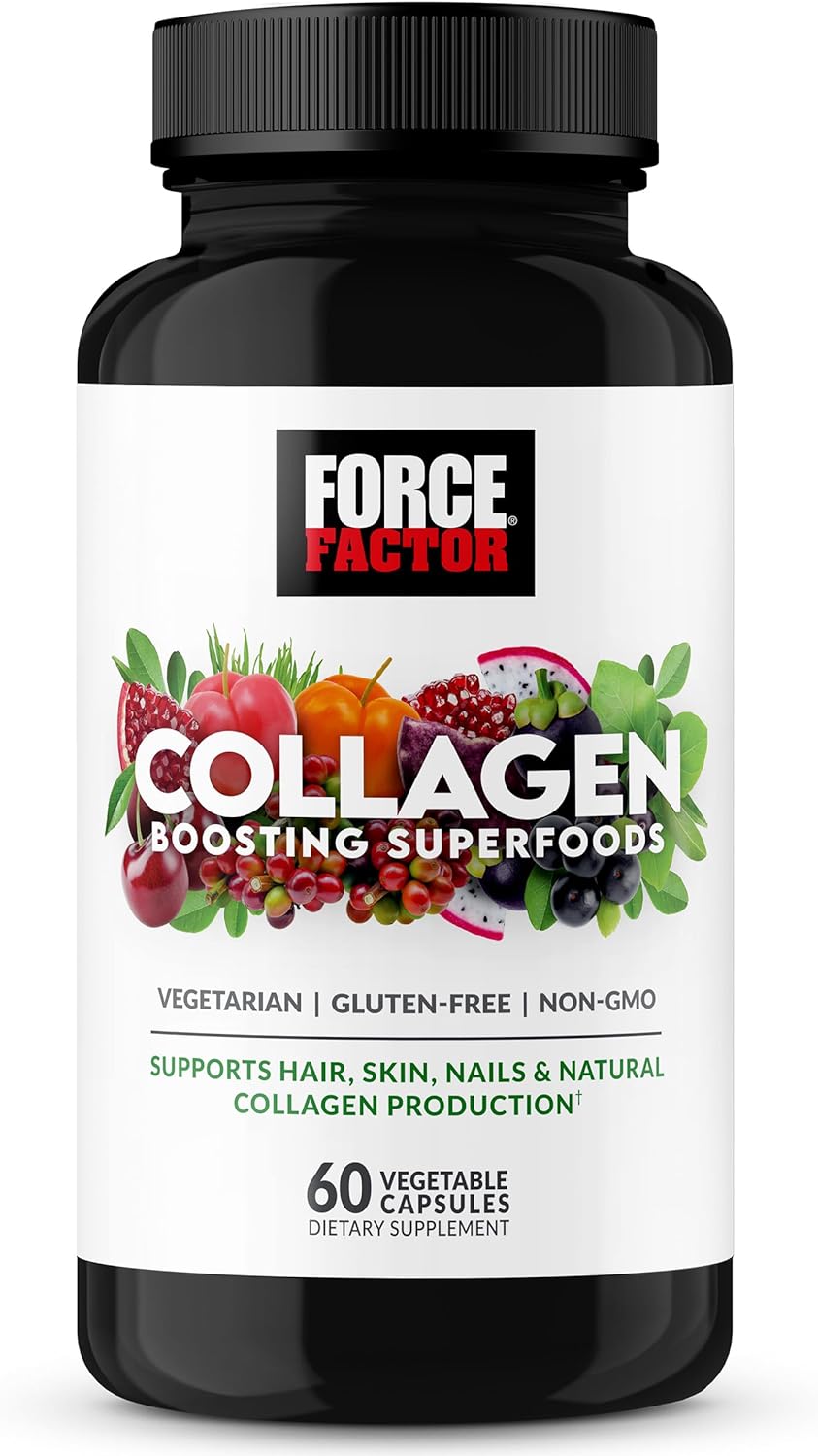 Force Factor Collagen Boosting Superfoods with Biotin, Hyaluronic Acid, Bamboo, and Hair, Skin, and Nails Vitamins, Nail Strengthener and Skin Supplement, 60 Vegetable Capsules