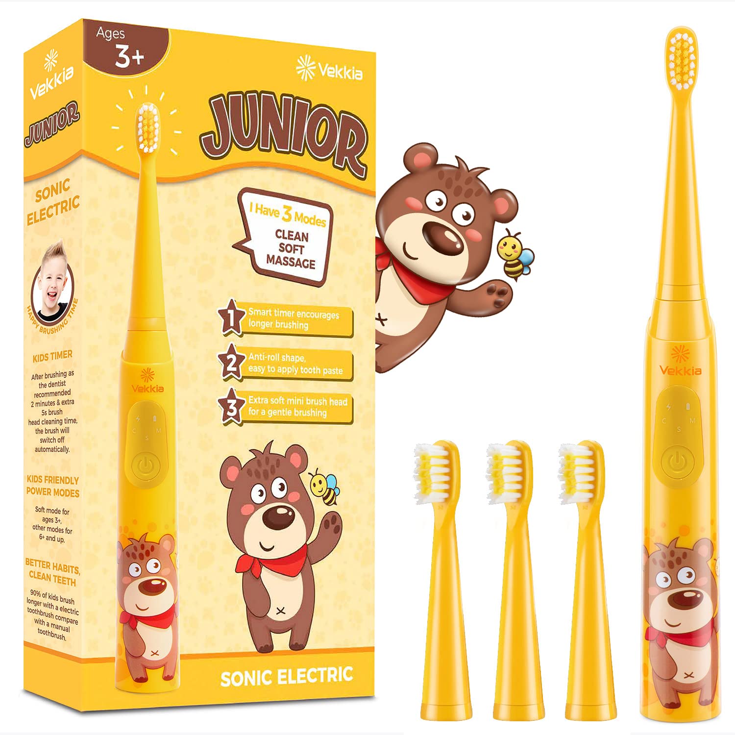 Vekkia Sonic Rechargeable Kids Electric Toothbrush, 3 Modes with Memory, Fun & Easy Cleaning, 24000 Strokes, IPX7 Waterproof, 2-Min Timer for Age 3+, 4 Soft Bristles(Yellow)