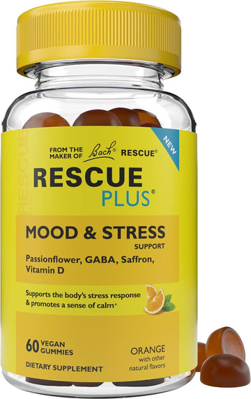 RESCUE Bach Plus Mood & Stress Support Gummies, Daytime Dietary Supplement with Passionflower, GABA, Saffron & Vitamin D, Natural Orange Flavor, Vegan & Gluten-Free, 60 Count