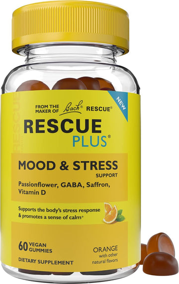 Rescue Bach Plus Mood & Stress Support Gummies, Daytime Dietary Supplement With Passionflower, Gaba, Saffron & Vitamin D, Natural Orange Flavor, Vegan & Gluten-Free, 60 Count