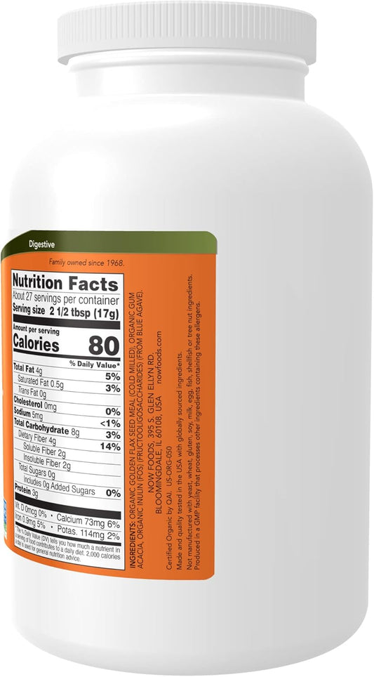 NOW Supplements, Fiber-3, Certified Organic, Non-GMO Project Verified, Psyllium Free, with Organic Golden ax Meal, Acacia & Inulin, 16-
