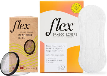 FLEX Bamboo Panty Liners (50 Count) and Flex Menstrual Discs (12 Count) Bundle | Beginner-Friendly Tampon Alternative | Helps Fight Odor | Disc Capacity of 5 Super Tampons