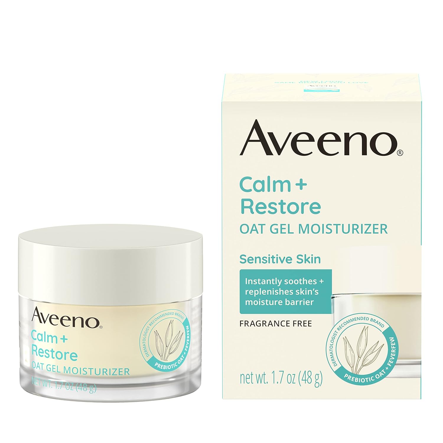 Aveeno Calm + Restore Oat Gel Facial Moisturizer For Sensitive Skin, Lightweight Gel Cream Face Moisturizer With Prebiotic Oat And Feverfew, Hypoallergenic, Fragrance- And Paraben-Free, 1.7 Oz