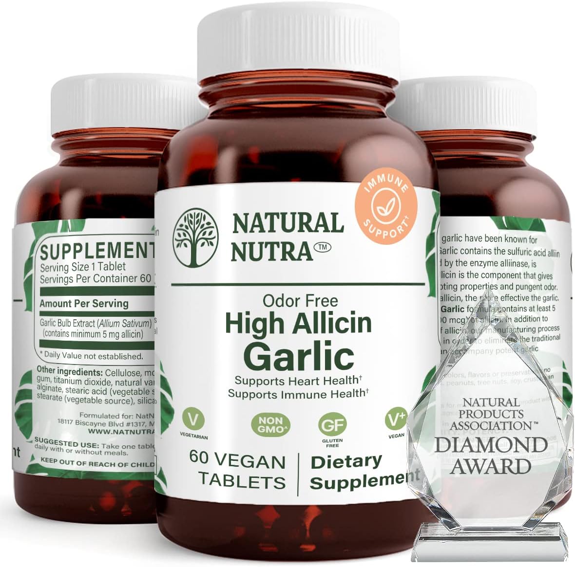 Natural Nutra High Allicin Garlic Supplement, Supports Immune System, Improve Enzymes Health, Better Digestion, Vanilla Coating, 500Mg, 60 Vegan Tablets