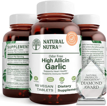 Natural Nutra High Allicin Garlic Supplement, Supports Immune System, Improve Enzymes Health, Better Digestion, Vanilla Coating, 500Mg, 60 Vegan Tablets
