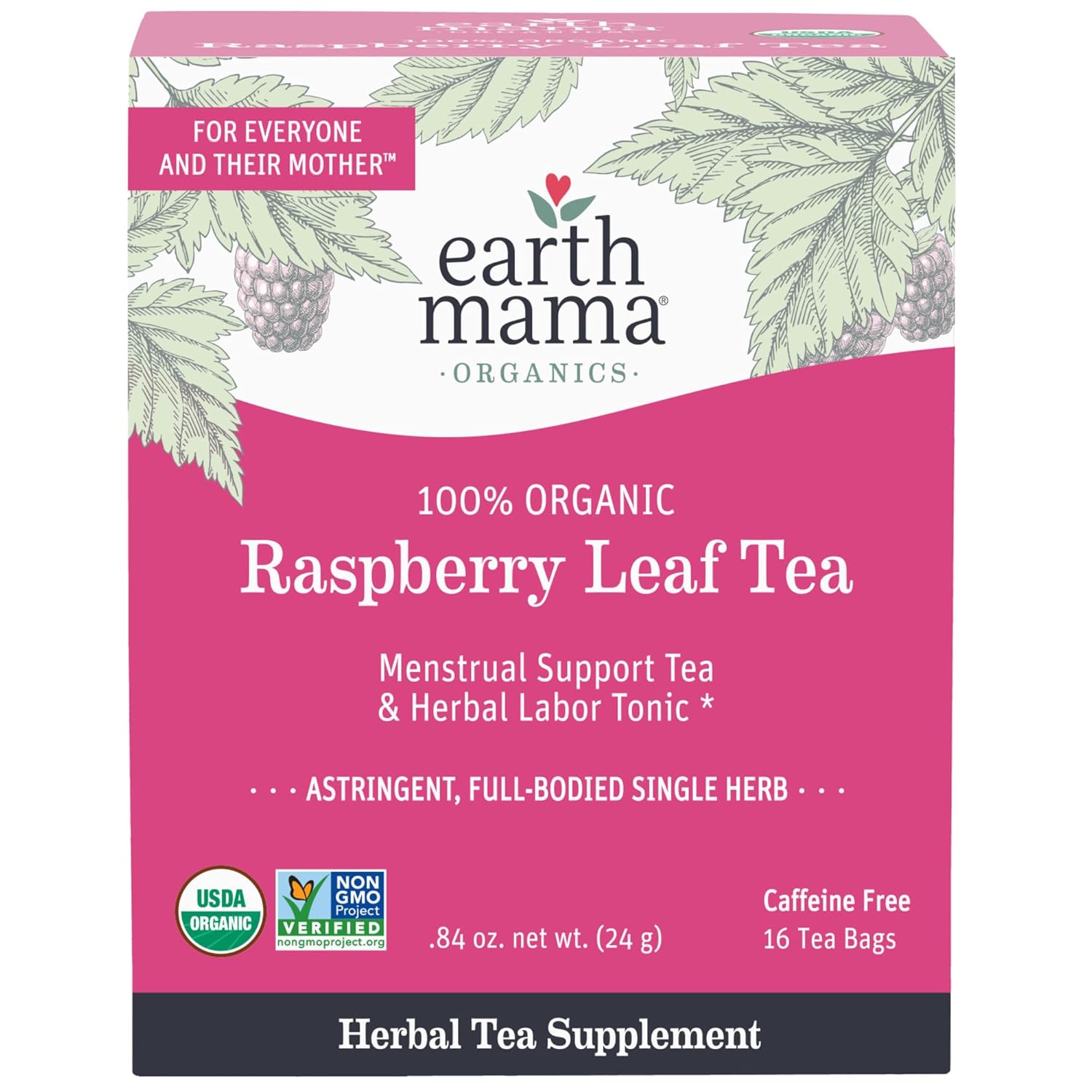 Earth Mama Organic Raspberry Leaf Tea Bags | Labor Tonic & Menstrual Support Herbal Tea, Red Raspberry Leaf Tea For Pregnancy & Postpartum Care Recovery, Caffeine Free Tea, Non Gmo, (16 Teabags)