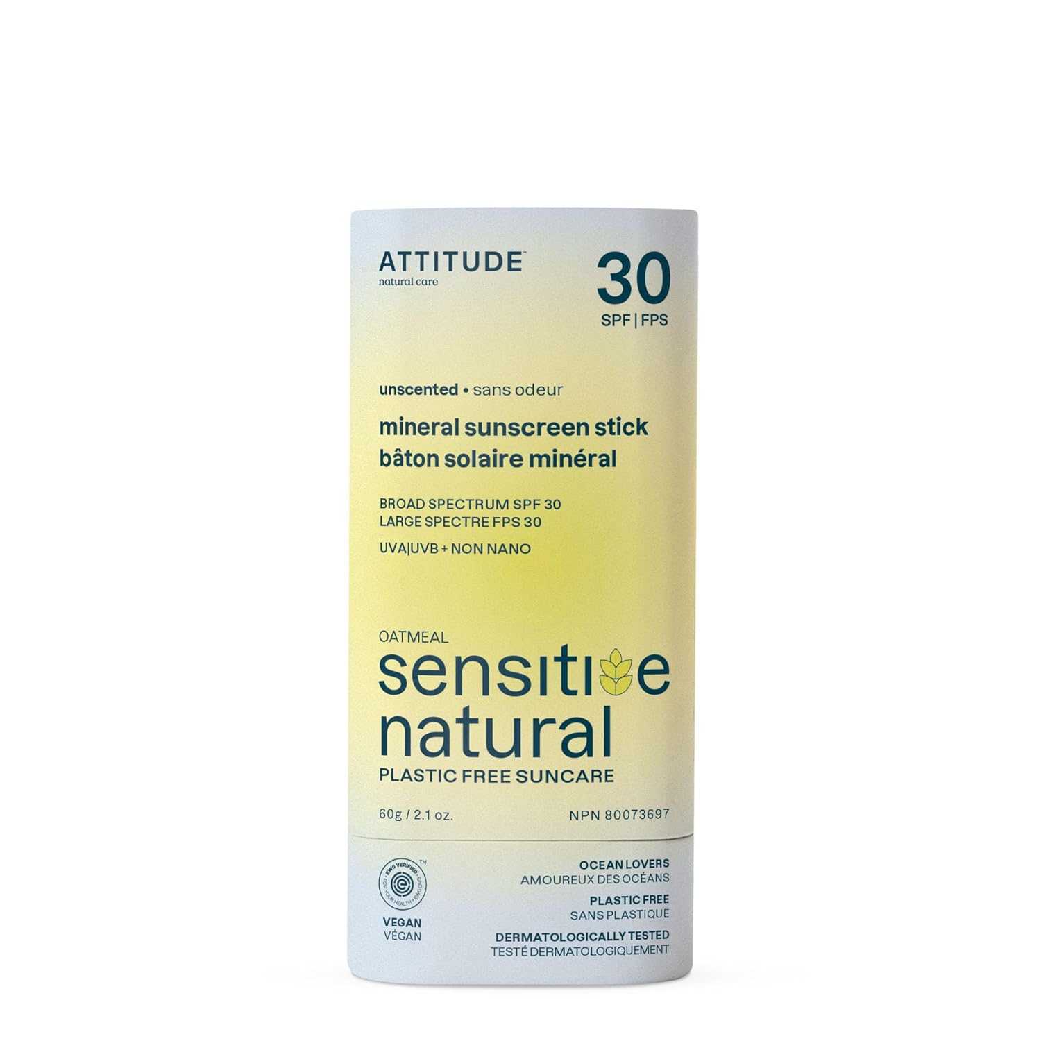 ATTITUDE Mineral Sunscreen Stick for Sensitive Skin, SPF 30, EWG Verified, Plastic-Free, Broad Spectrum UVA/UVB Protection with Zinc Oxide, Dermatologically Tested, Vegan, Unscented, 2.1 Ounces