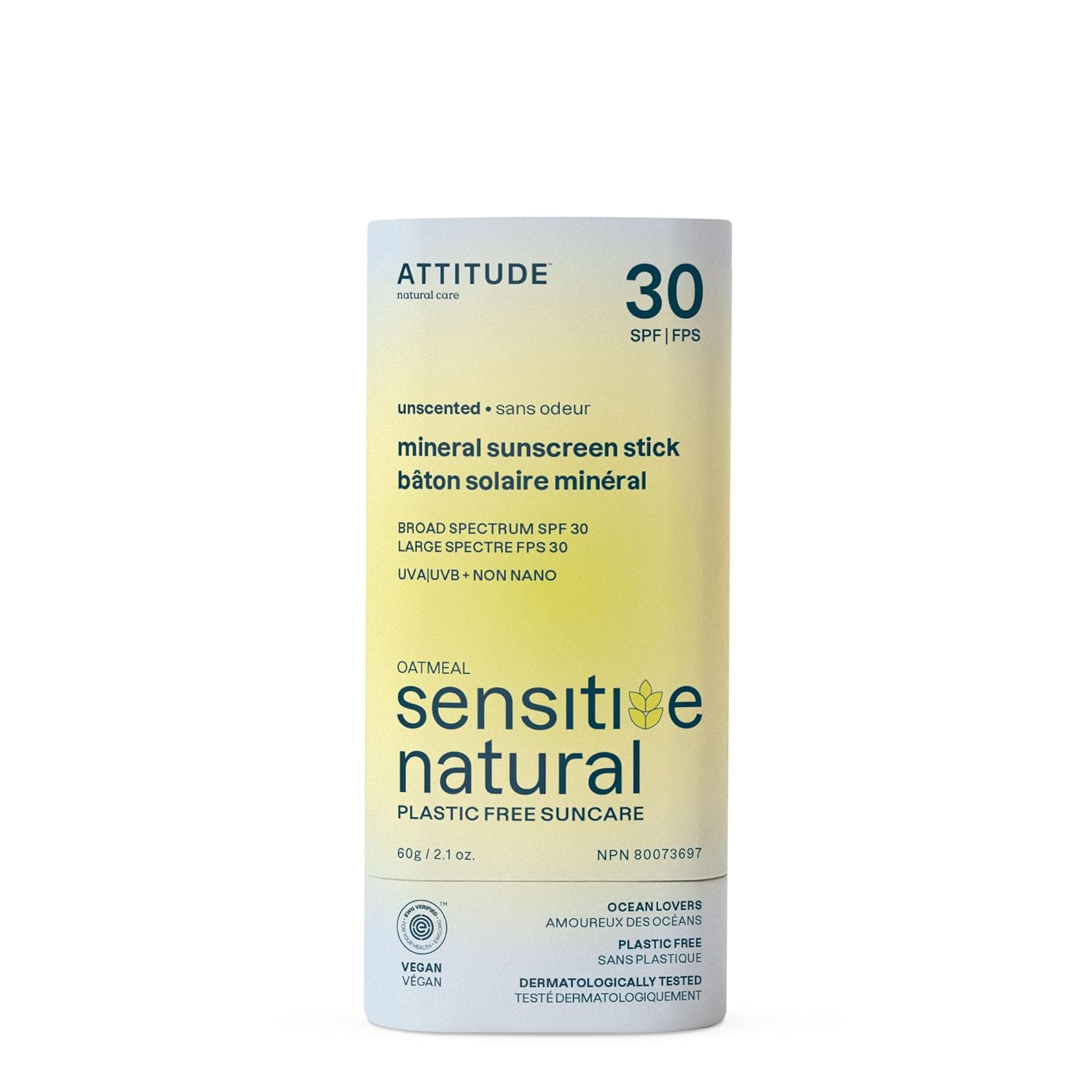 Attitude Mineral Sunscreen Face Stick For Sensitive Skin, Spf 30, Ewg Verified, Plastic-Free, Broad Spectrum Uva/Uvb Protection With Zinc Oxide, Dermatologically Tested, Vegan, Unscented, 0.7 Ounce