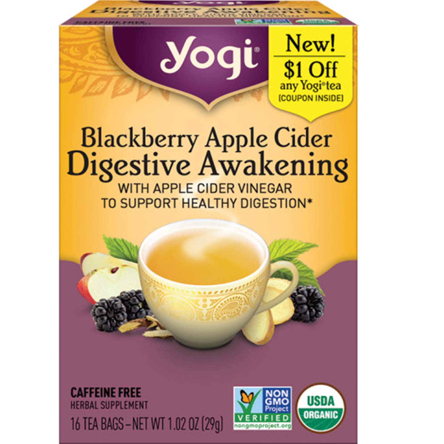 Yogi Tea Blackberry Apple Cider Digestive Awakening Tea - 16 Tea Bags Per Pack (4 Packs) - Organic Tea To Support Digestive Health - Includes Ginger Root, Licorice Root & Raspberry Leaf