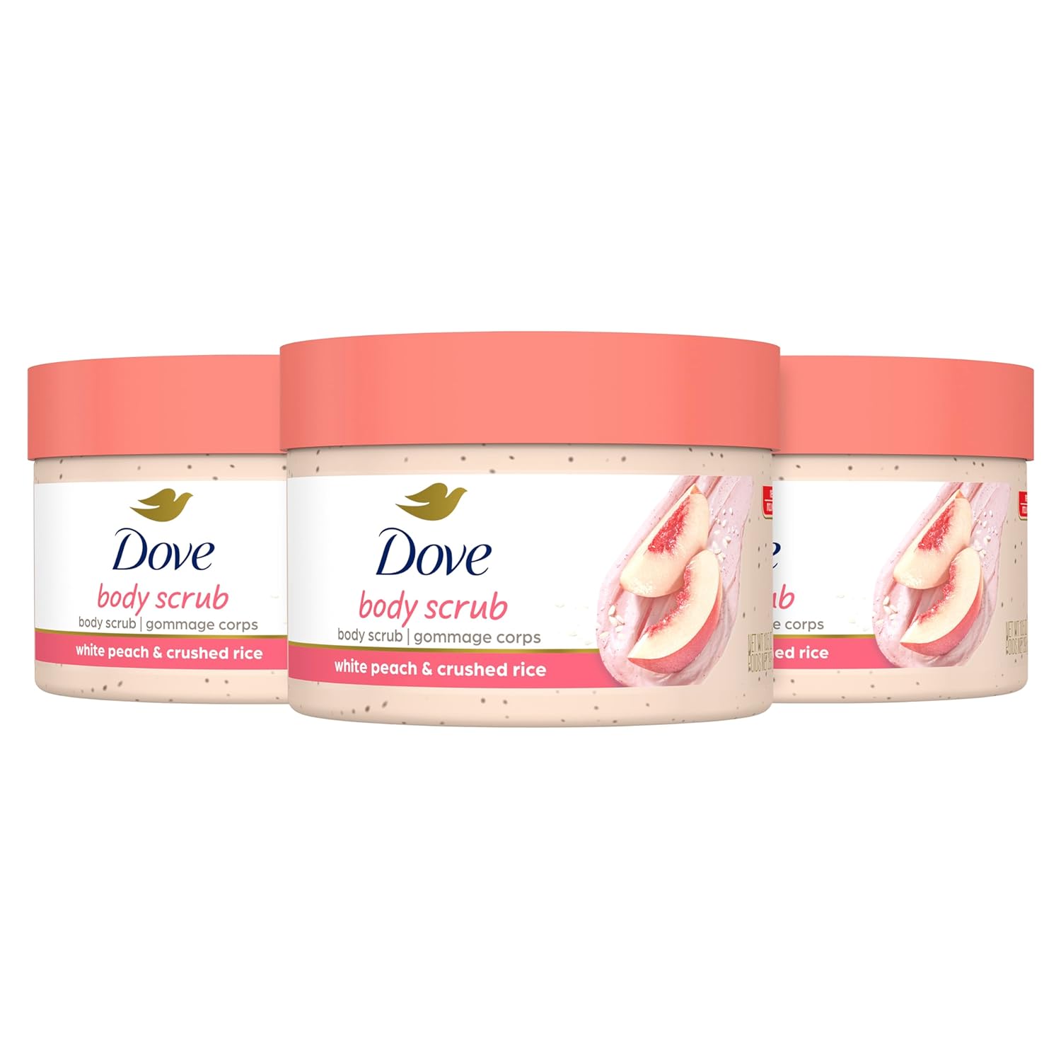 Dove Body Scrub White Peach & Crushed Rice 3 Count For Visibly Silky-Smooth, Nourished Skin, With ¼ Moisturizing Cream, 10.5 Oz