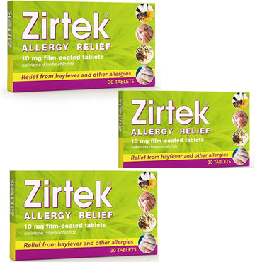 Zirtek Allergy Relief, 3 X 30 Tablets | Hayfever, Dust, Pets, And Hives | Cetirizine Antihistamine Tablet | Helps Relieve Allergic Symptoms | For Adults And Children Over 6 Years