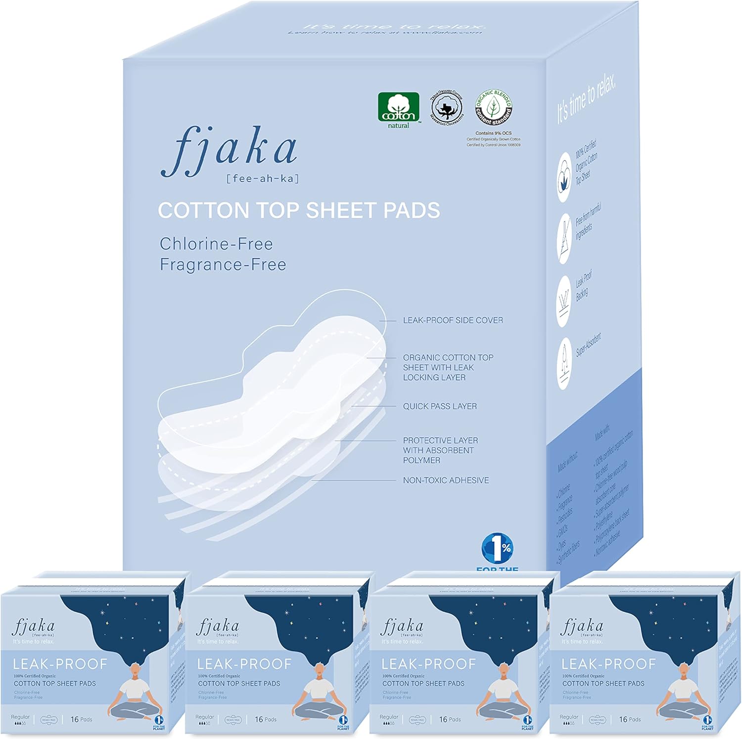 FJAKA USA [fee-ah-ka] Feminine Care Organic Cotton Cover Pads - Ultra Thin Sanitary Napkin Pads Heavy Absorbency, Unscented with Pad Wings for Women